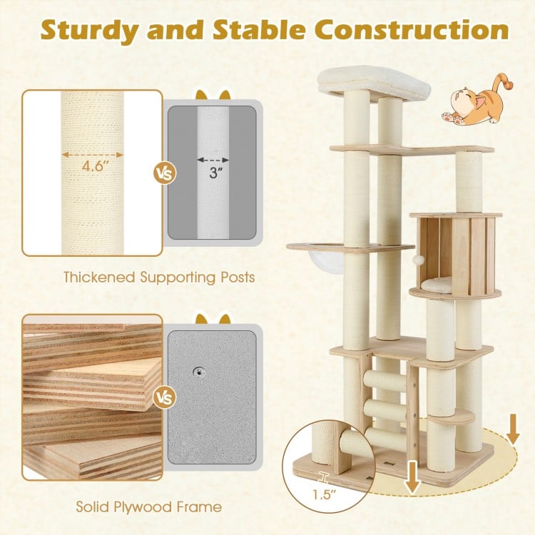 71 Inch Tall Cat Tree Wooden Cat Tower with Cozy Perch Condo Space Capsule-Natural