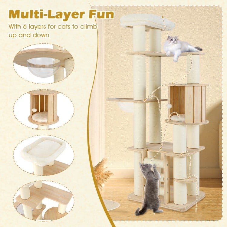 71 Inch Tall Cat Tree Wooden Cat Tower with Cozy Perch Condo Space Capsule-Natural