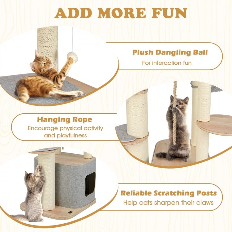 63 Inch Tall Cat Tree Modern Wooden Cat Tower with Perch Condo Hammock-Gray