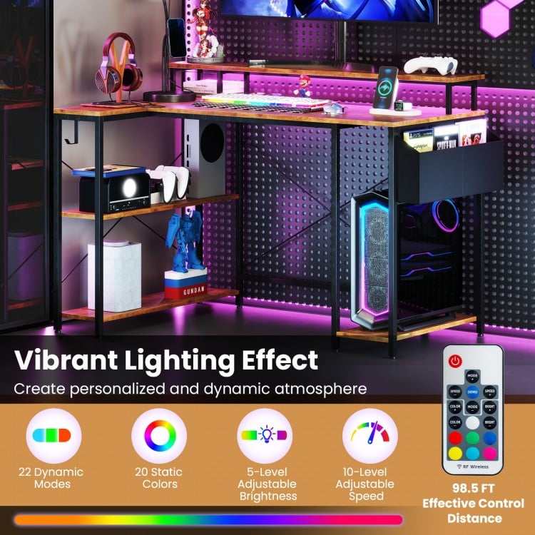 L-Shaped Gaming Desk with LED Lights and Power Outlets-Rustic Brown