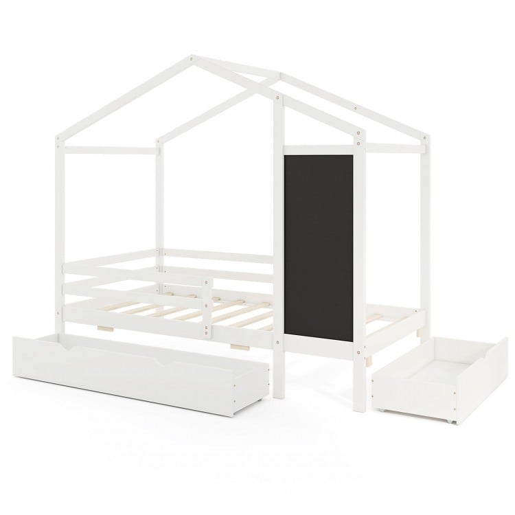 Kids Twin Size Bed with 2 Drawers Solid Wood Bed with Blackboard-White