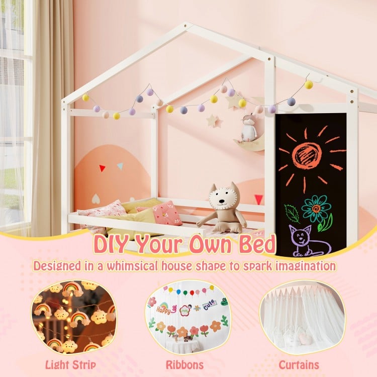 Kids Twin Size Bed with 2 Drawers Solid Wood Bed with Blackboard-White