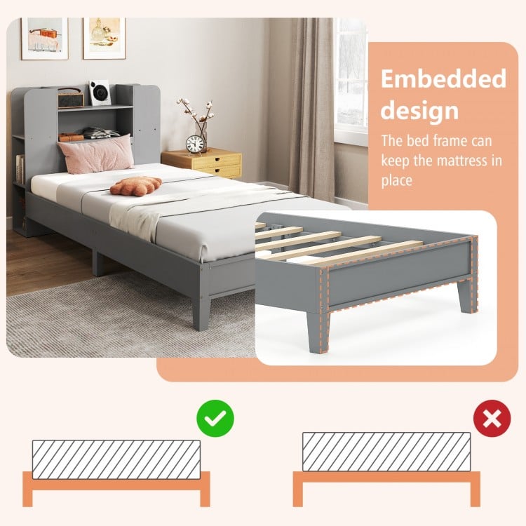Twin Size Wooden Platform Bed Frame with Bookcase Headboard-Gray