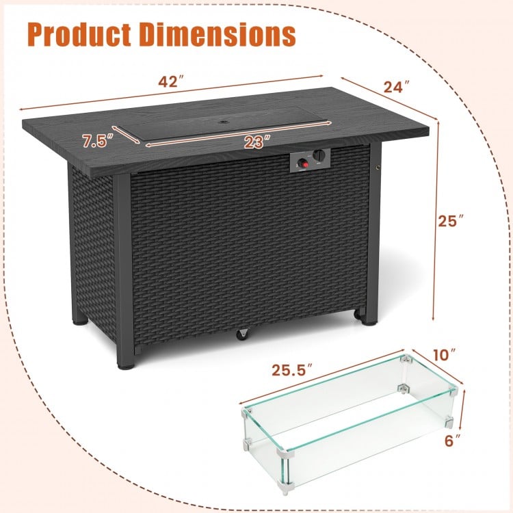 50000 BTU 2 Inch ropane Gas Fire Pit Table with Wind Guard and Glass Rocks-Black