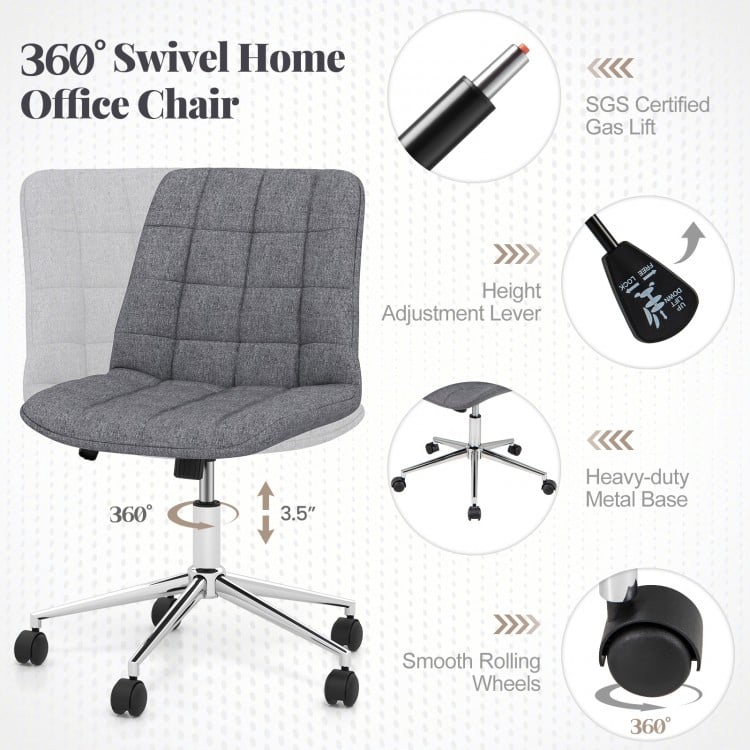 Armless Office Chair Upholstered Makeup Vanity Chair with Adjustable Height and Wheels-Grey