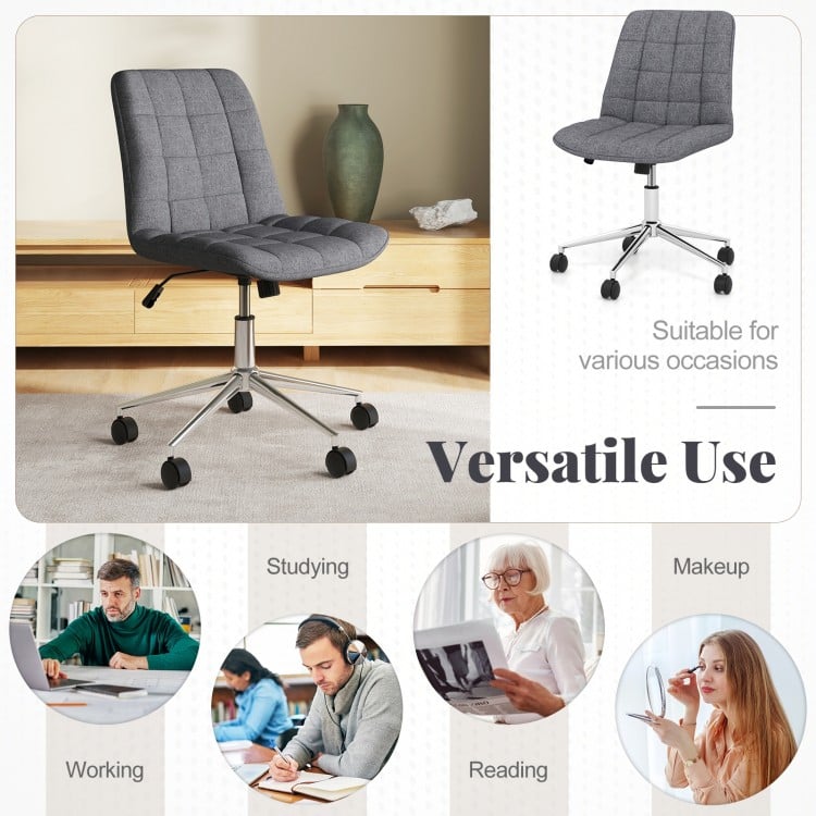 Armless Office Chair Upholstered Makeup Vanity Chair with Adjustable Height and Wheels-Grey