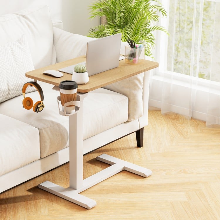 Mobile Standing Desk Height Adjustable Overbed Bedside Table with Cup Holder-Natural