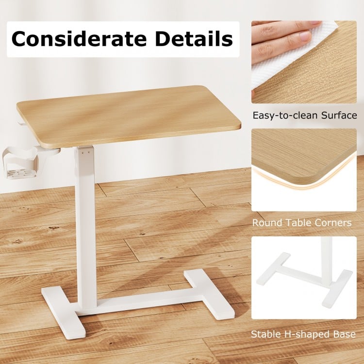 Mobile Standing Desk Height Adjustable Overbed Bedside Table with Cup Holder-Natural