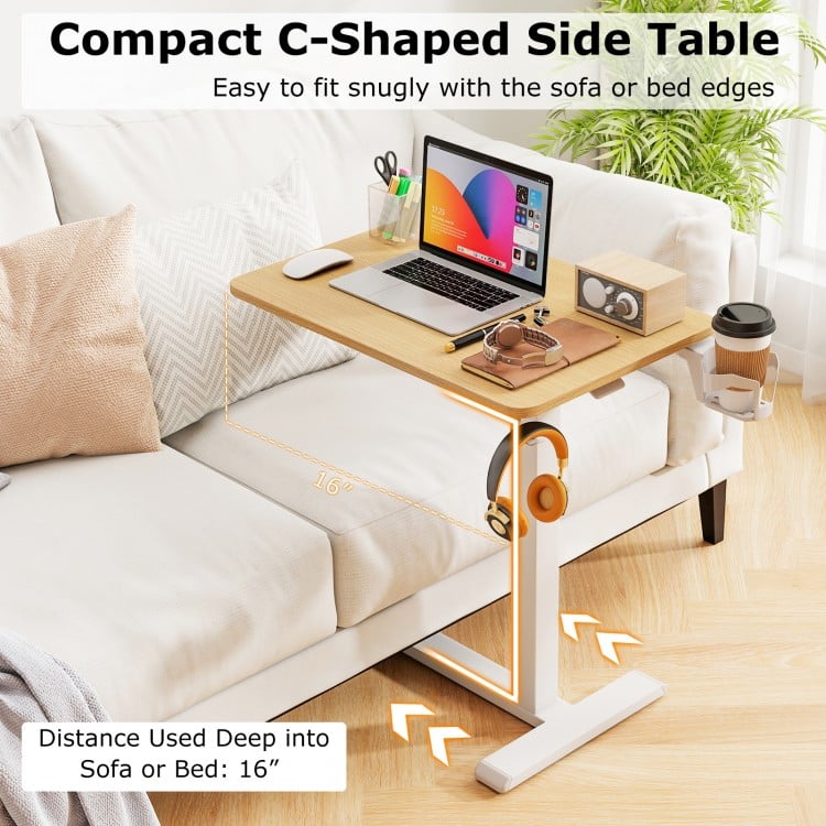 Mobile Standing Desk Height Adjustable Overbed Bedside Table with Cup Holder-Natural