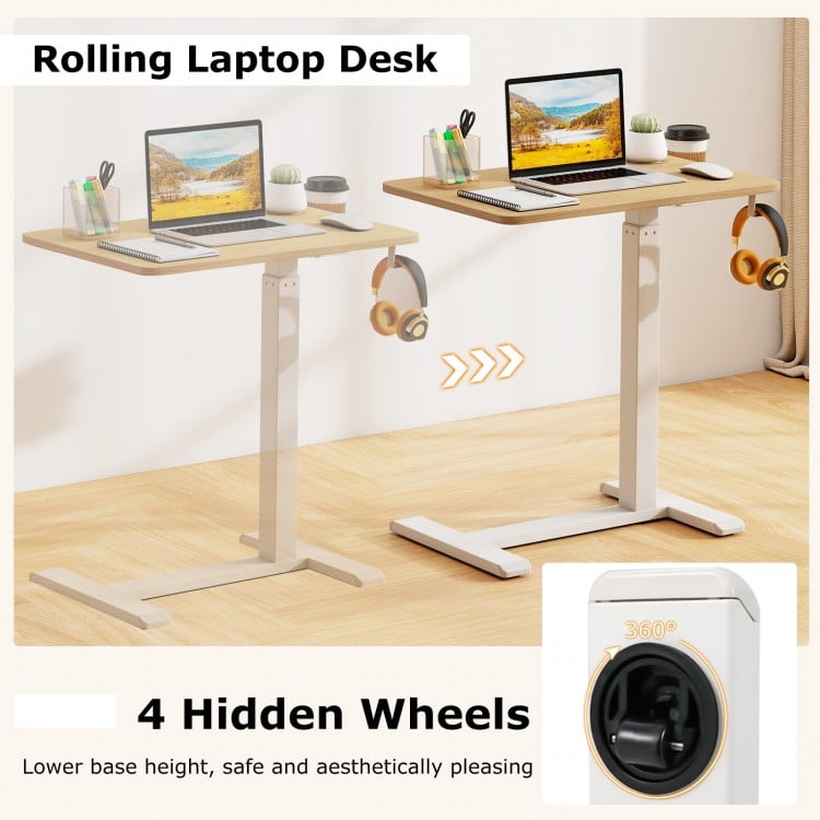 Mobile Standing Desk Height Adjustable Overbed Bedside Table with Cup Holder-Natural