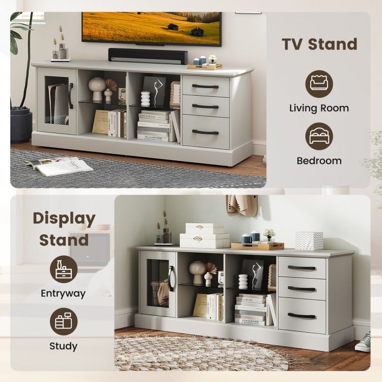 63 Inches Media Console Table with 3 Drawers and 2 Glass Shelves-Gray