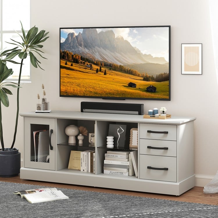 63 Inches Media Console Table with 3 Drawers and 2 Glass Shelves-Gray