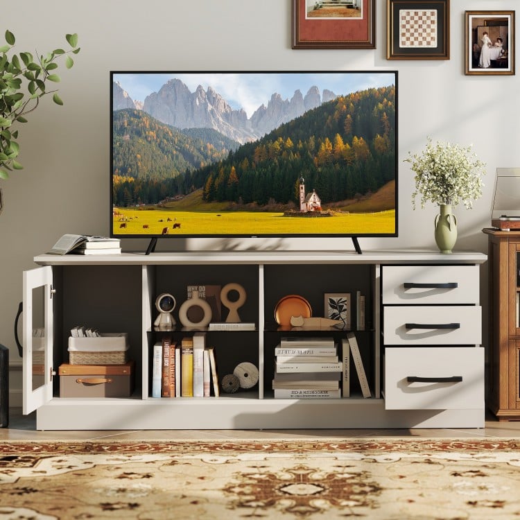 63 Inches Media Console Table with 3 Drawers and 2 Glass Shelves-Gray