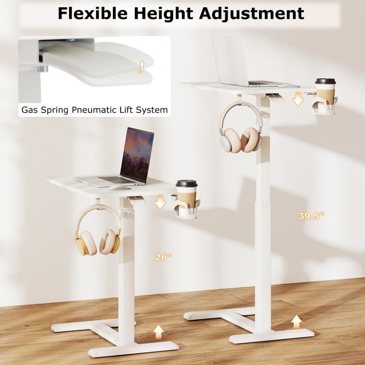 Mobile Standing Desk Height Adjustable Overbed Bedside Table with Cup Holder-White