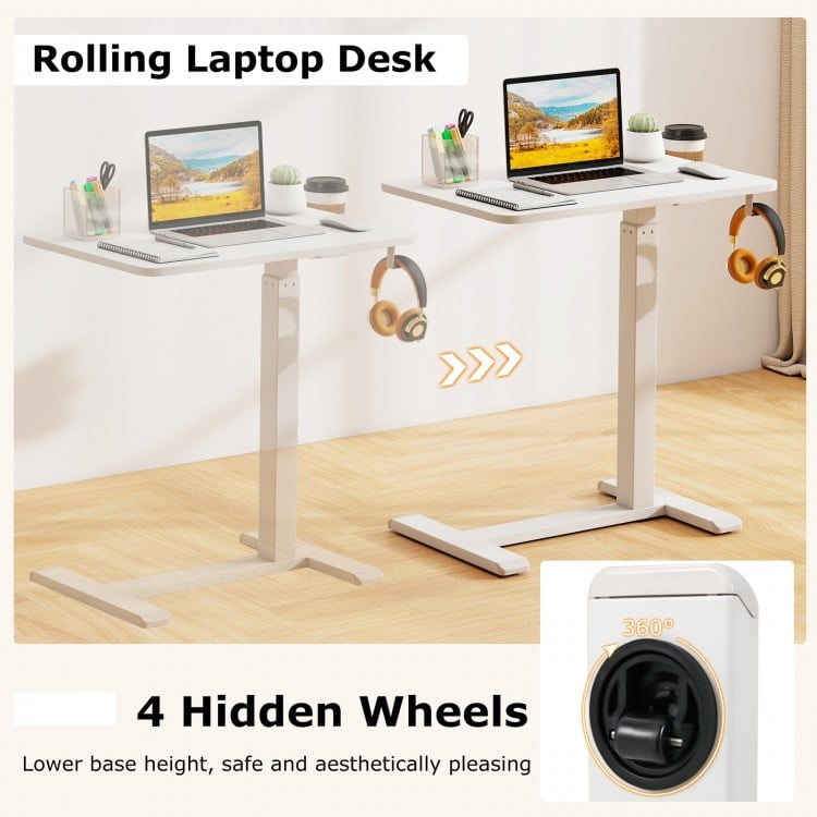 Mobile Standing Desk Height Adjustable Overbed Bedside Table with Cup Holder-White