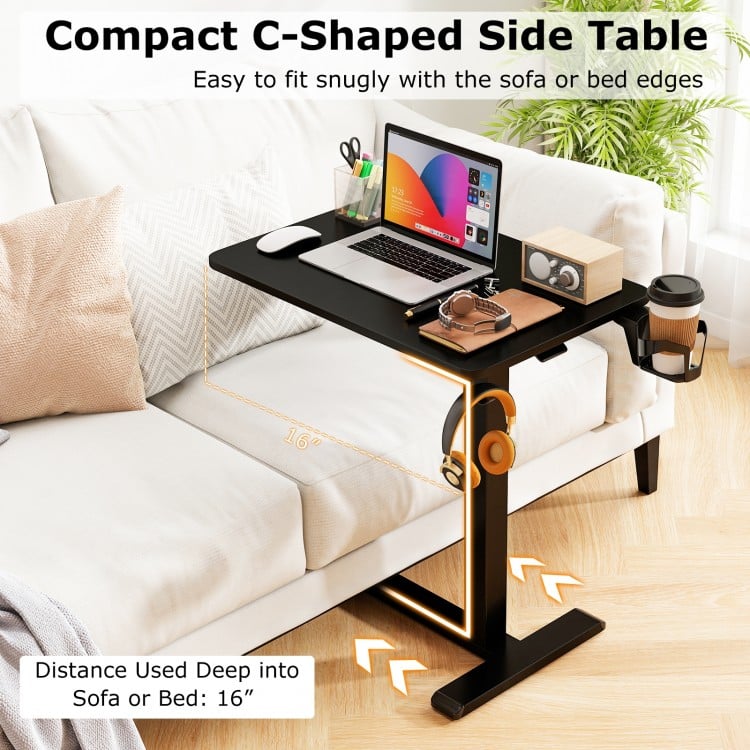 Mobile Standing Desk Height Adjustable Overbed Bedside Table with Cup Holder-Black