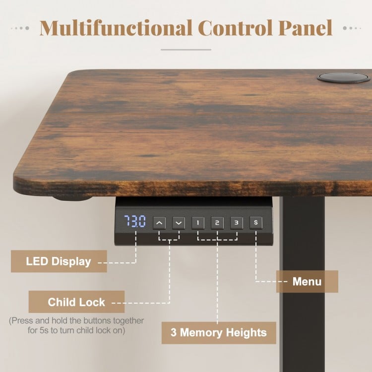 Electric Standing Desk with 3 Memory Heights and 2 Hanging Hooks and Cable Holes-Rustic Brown