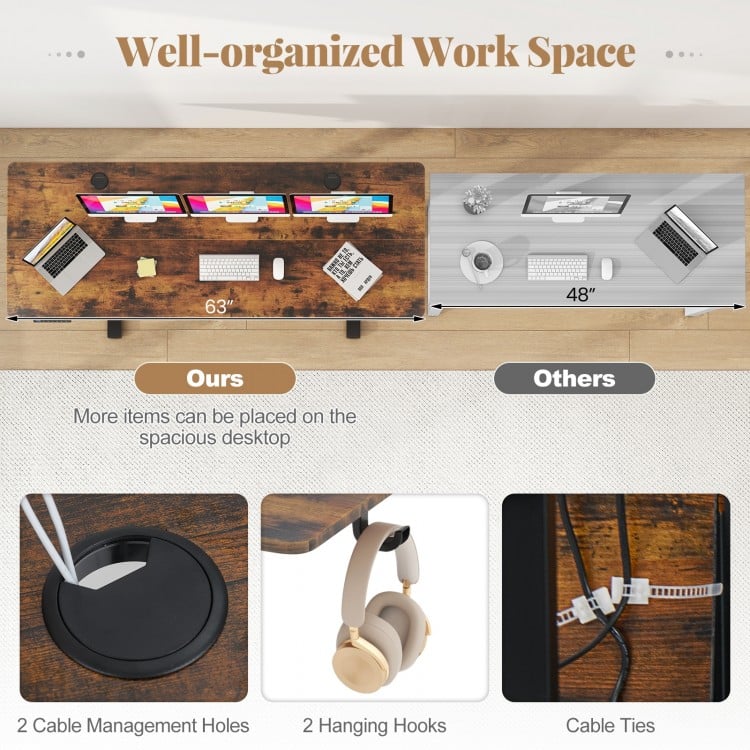Electric Standing Desk with 3 Memory Heights and 2 Hanging Hooks and Cable Holes-Rustic Brown