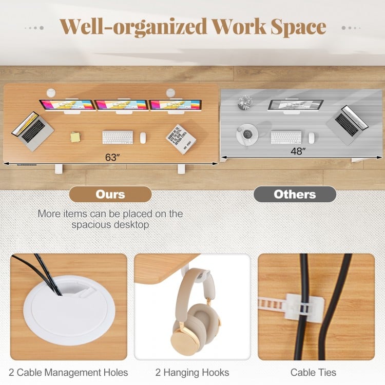 Electric Standing Desk with 3 Memory Heights and 2 Hanging Hooks and Cable Holes-Natural