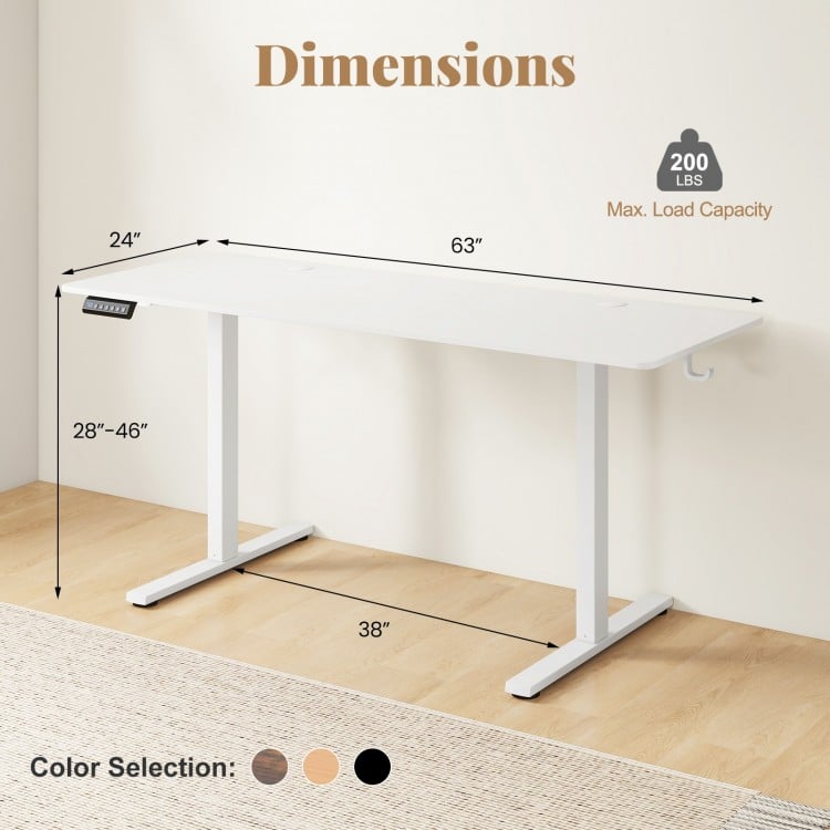 Electric Standing Desk with 3 Memory Heights and 2 Hanging Hooks and Cable Holes-White
