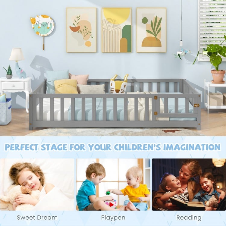 Montessori Bed Frame with Full-length Guardrails Safety Door and Latch-Gray