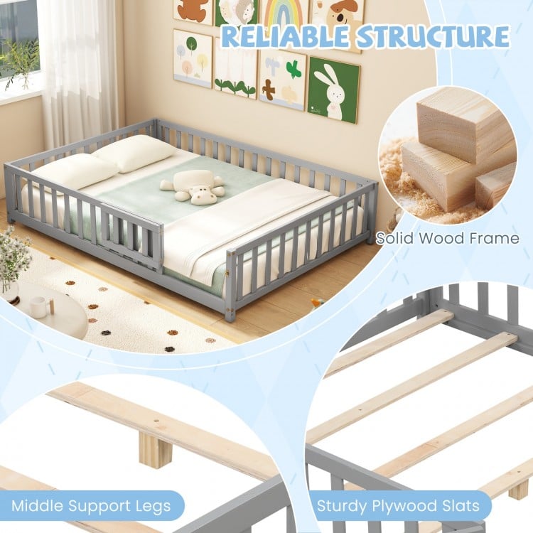 Montessori Bed Frame with Full-length Guardrails Safety Door and Latch-Gray