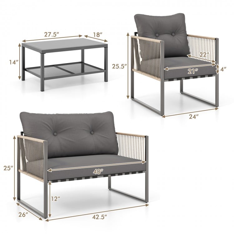 4 Pieces Outdoor PE Rattan Conversation Sofa Set with Cushions-Grey