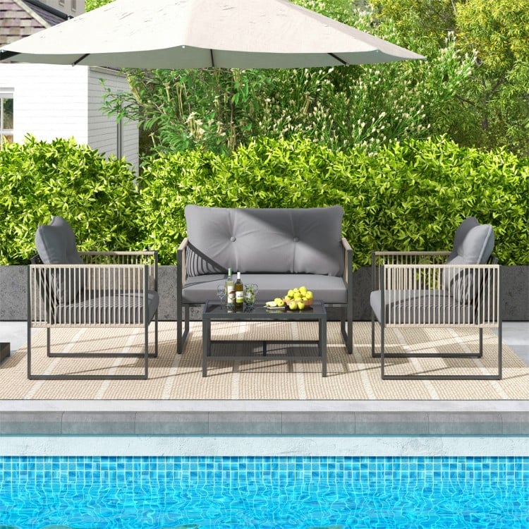 4 Pieces Outdoor PE Rattan Conversation Sofa Set with Cushions-Grey