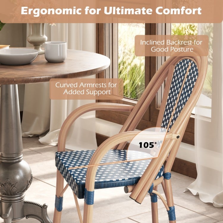 Hand-Woven PE Wicker Outdoor French Bistro Chairs Set of 2-Blue