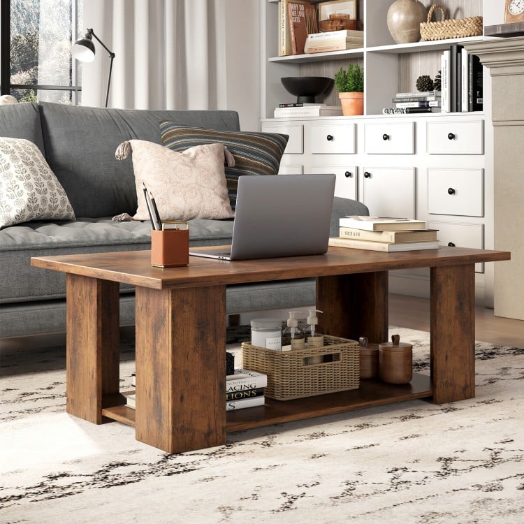 Large 36/41 Inch 2-tier Wooden Modern Coffee Table with Storage Shelf-Coffee