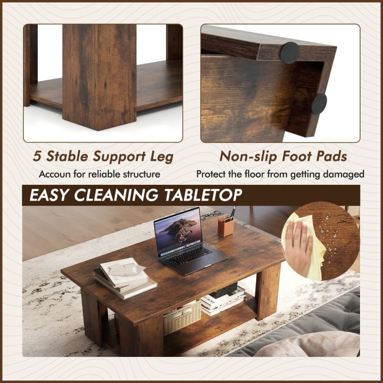 Large 36/41 Inch 2-tier Wooden Modern Coffee Table with Storage Shelf-Coffee