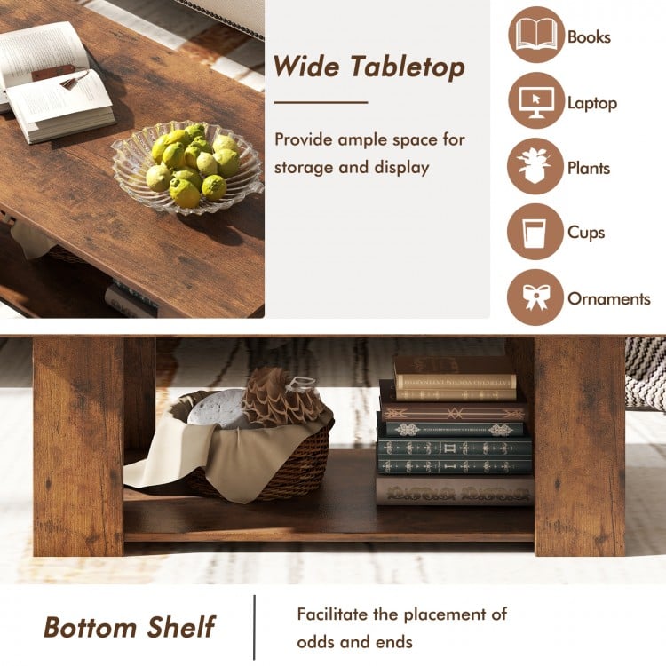 Large 36/41 Inch 2-tier Wooden Modern Coffee Table with Storage Shelf-Coffee