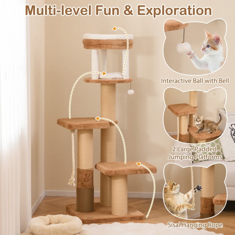 65 Inches Tall Cat Tree with Self-groomer and Removable Cat Bed-Coffee