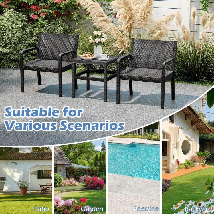 3 Piece Patio Furniture Set with 2 Modern Rattan Armchair and 25 Inch Squire Side Table-Black