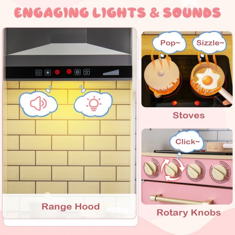 Wooden Pretend Play Kitchen with Ice Maker Range Hood and Blackboard-Pink