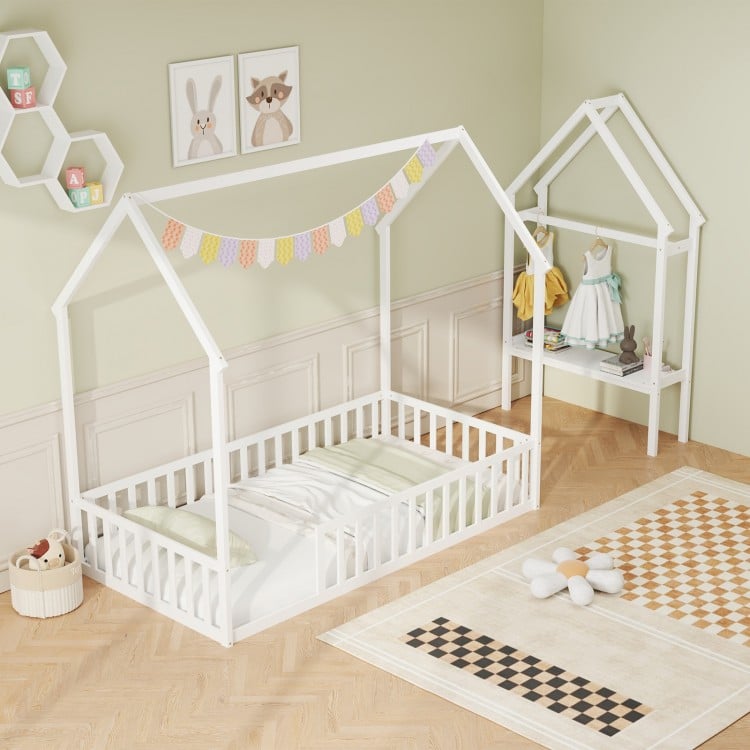 Twin House Floor Bed Montessori Bed Frame with Storage Shelf-White