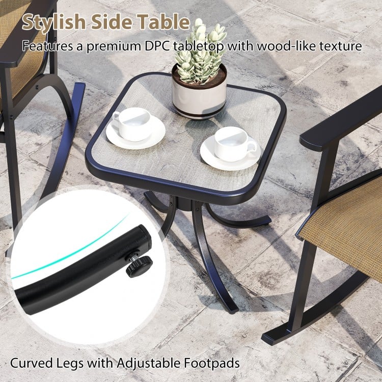 Heavy-Duty Rocking Bistro Chairs and Table Set with High Backrest and Wood-Plastic Tabletop-Brown