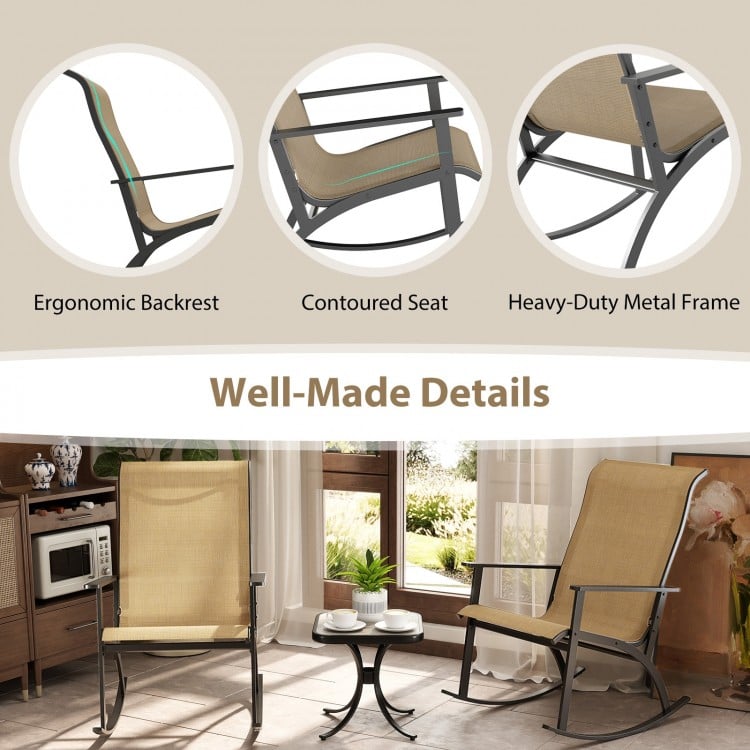 Heavy-Duty Rocking Bistro Chairs and Table Set with High Backrest and Wood-Plastic Tabletop-Brown