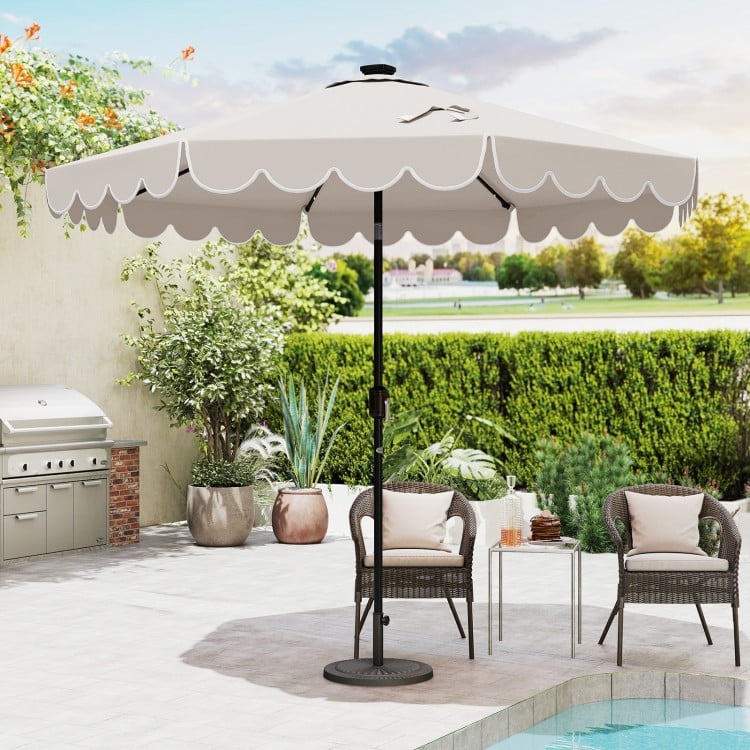 9.3 Feet Solar Patio Umbrella with 24 LED Lights Vented Top and Ruffles-Beige