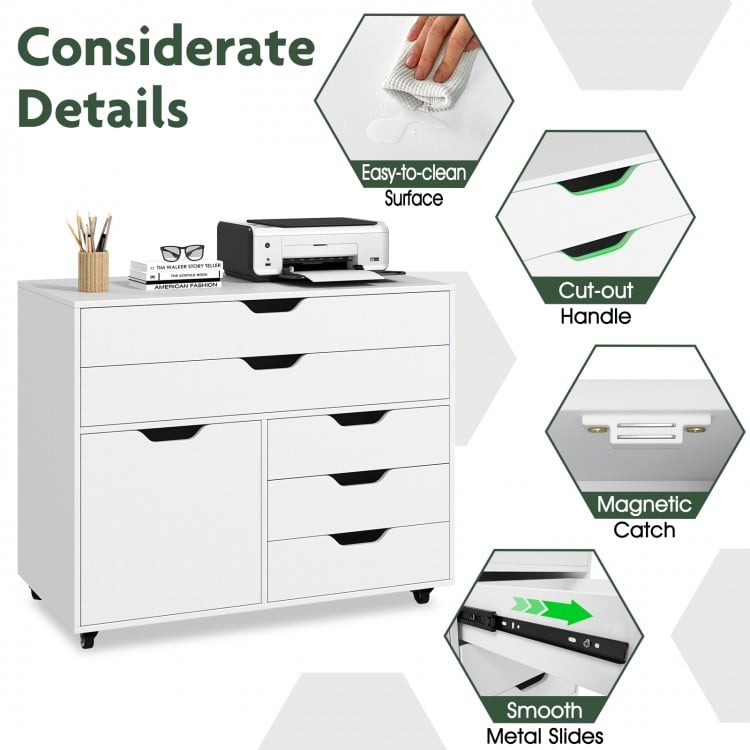 Modern Vertical 5-Drawer Mobile Chest with Door 5 Casters-White