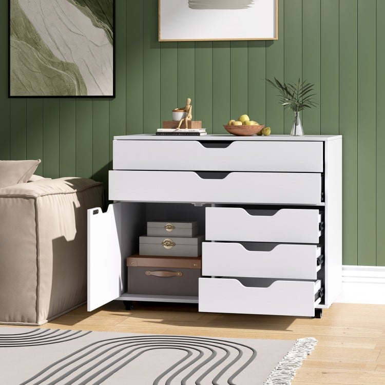 Modern Vertical 5-Drawer Mobile Chest with Door 5 Casters-White