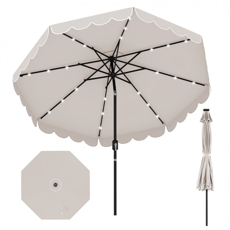 9.3 Feet Solar Patio Umbrella with 24 LED Lights Vented Top and Ruffles-Beige
