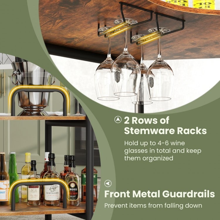 3-Tier Liquor Bar Table with Stemware Racks and Storage Shelves-Rustic Brown