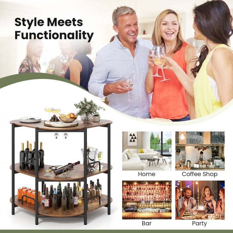 3-Tier Liquor Bar Table with Stemware Racks and Storage Shelves-Rustic Brown