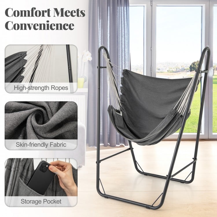 Hammock Chair with Heavy Duty Metal Frame and Side Pocket-Gray