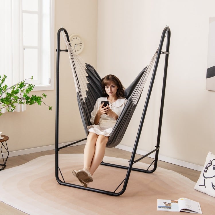 Hammock Chair with Heavy Duty Metal Frame and Side Pocket-Gray