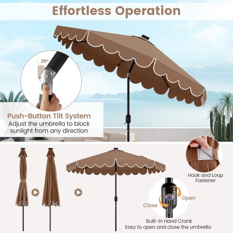 9.3 Feet Solar Patio Umbrella with 24 LED Lights Vented Top and Ruffles-Coffee