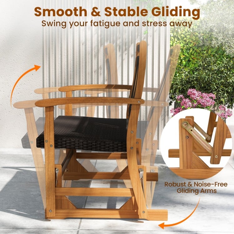 Patio Rattan Glider Bench for 2 with Acacia Wood Frame and Wicker Seat Back