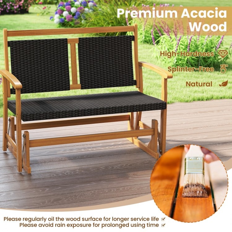 Patio Rattan Glider Bench for 2 with Acacia Wood Frame and Wicker Seat Back
