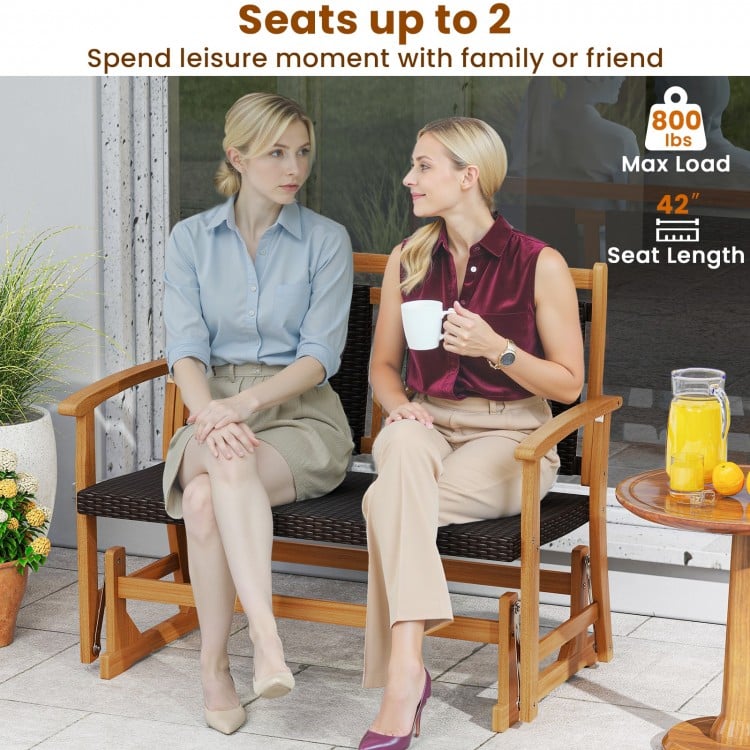 Patio Rattan Glider Bench for 2 with Acacia Wood Frame and Wicker Seat Back